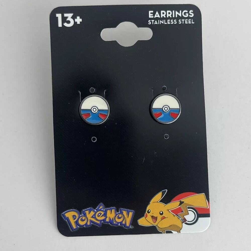 Pokemon Great Ball Stud Stainless Steel Earrings 1 Pair Blue White Ball Licensed